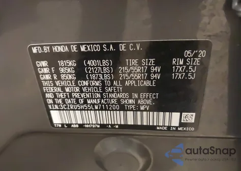 2020 Honda Hr-V 2Wd Ex from USA, damaged, VIN 3CZRU5H55LM711200